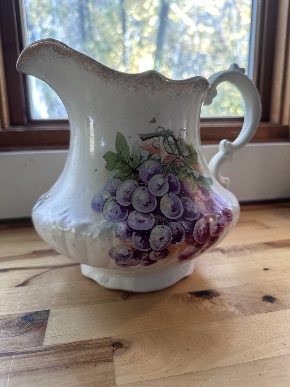 Antique Hand Painted Ceramic Water Pitcher, Purple Grape & Leaf Motif 1900's